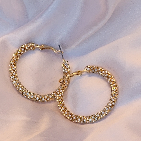 Whats Hot Jewelry Women's Gold Baggette Rhinestone Wrapped 2" Hoop Earrings - Picture 2 of 7